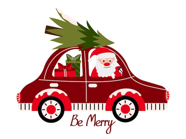 Santa Claus viaja en un coche rojo con regalos Ilustración vectorial de una tarjeta de felicitación de vacaciones