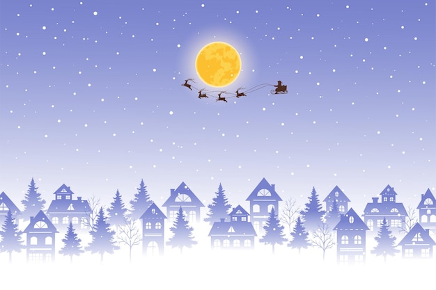 Santa Claus volando sobre los tejados con renos en el fondo de la noche de invierno, ilustración vectorial