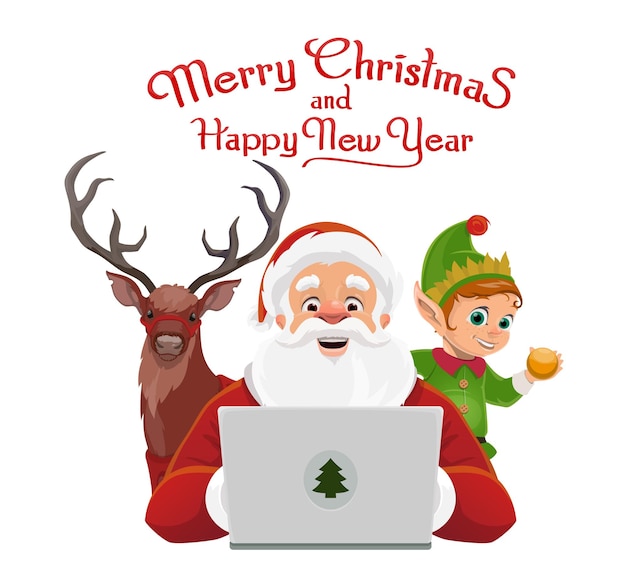 Santa de dibujos animados con ciervo portátil y elfo navideño Vector tarjeta de felicitación con el padre Noel coordina la magia de Navidad con su fiel reno y gnomo útil asegurando una temporada alegre y tecnológica