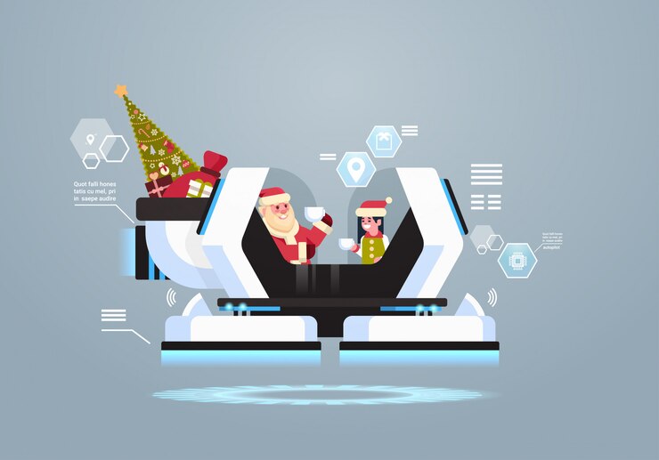 Vector santa con elfo bebe café en inteligencia artificial artificial moderna trineo robótico para navidad