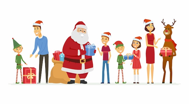 Santa, elfos, renos felicitan a una familia - personajes de dibujos animados ilustración aislada sobre fondo blanco. Padre Frost sonriente con una bolsa de regalos y sus compañeros dan regalos a padres e hijos