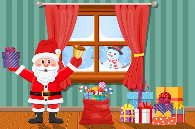 Santa en la habitación con árbol de navidad y regalos.