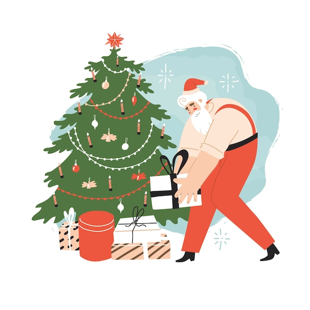 Santa Klaus pone un regalo debajo del árbol. Feliz Año Nuevo Feliz Navidad. Estilo plano en la ilustración vectorial. Aislado sobre fondo blanco. Un amable abuelo de barba blanca con pantalones rojos.