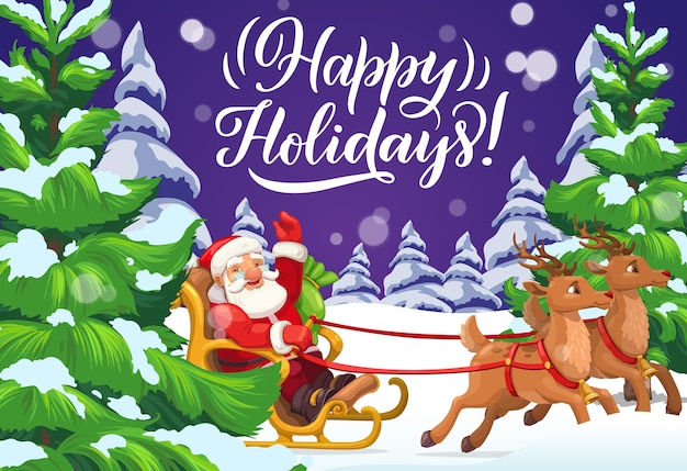 Santa montando trineo de navidad en la nieve de la tarjeta de felicitación del bosque de vacaciones de invierno de navidad.