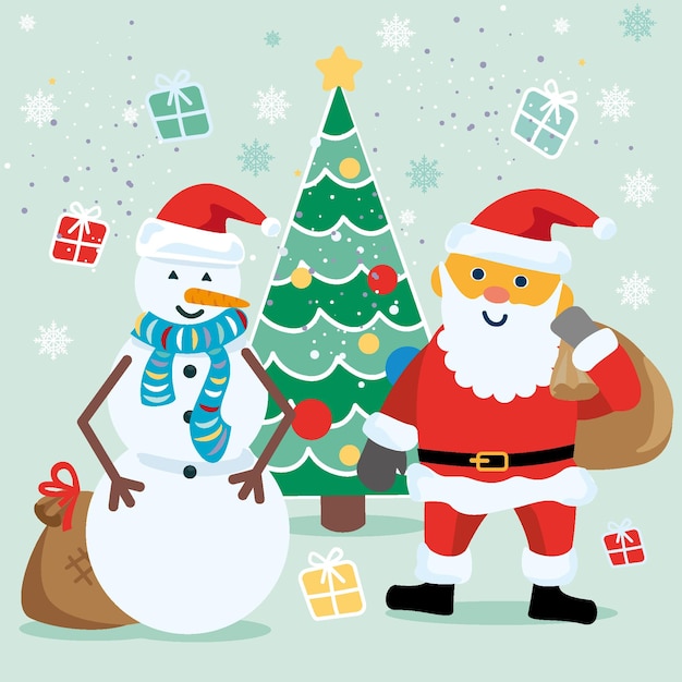 Santa con muñeco de nieve y árbol de Navidad Vector