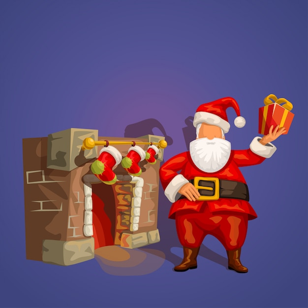 Vector santa con presente junto a la chimenea