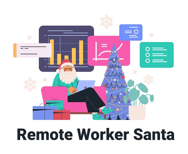 Santa trabajando remotamente tema de vacaciones gráficos coloridos presenta árbol de Navidad acogedora oficina en casa