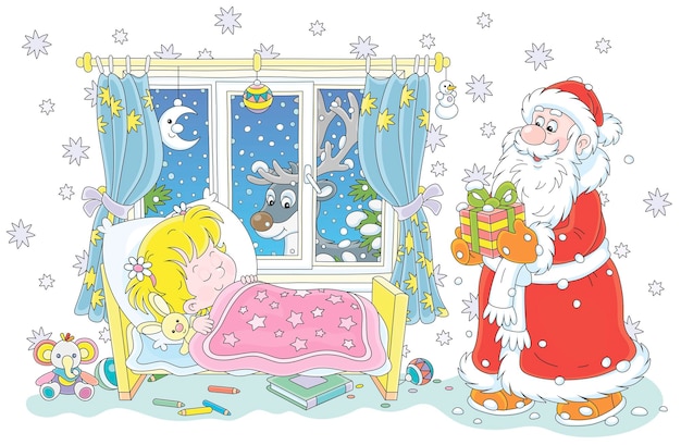 Santa le trajo un regalo a una linda niña que dormía en su cama en la noche nevada antes de navidad