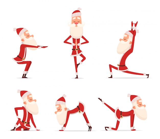 Vector santa yoga plantea, navidad vacaciones de invierno deporte carácter saludable de pie en varias poses de relajación linda mascota aislada