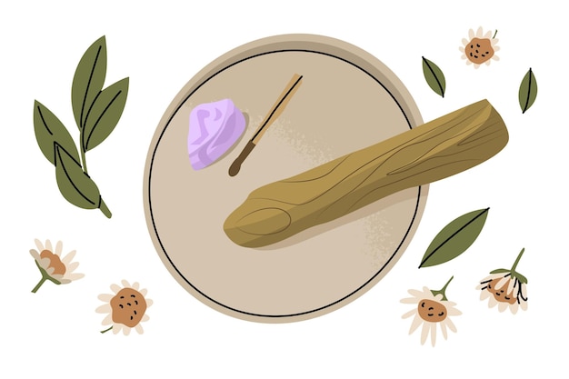 Santo sagrado palo santo incienso palos la práctica de la limpieza quemando incienso manteniendo el equilibrio de la vida reponiendo energía vector ilustración aislada sobre fondo blanco