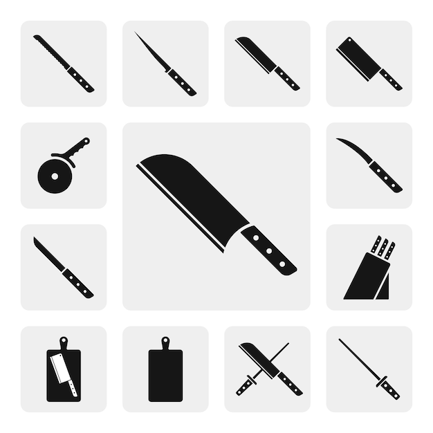 Santoku cleaver cuchillo web plana icono signo silueta vector negro sólido. cocina, conjunto de iconos de cocina