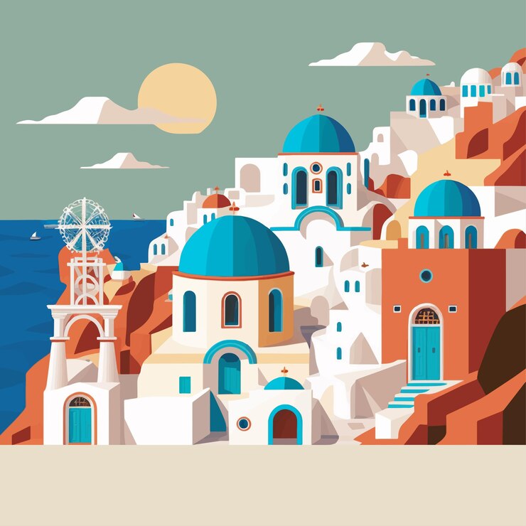 Vector santorini grecia aegean hotel view vacation travel tour landmark flat vector