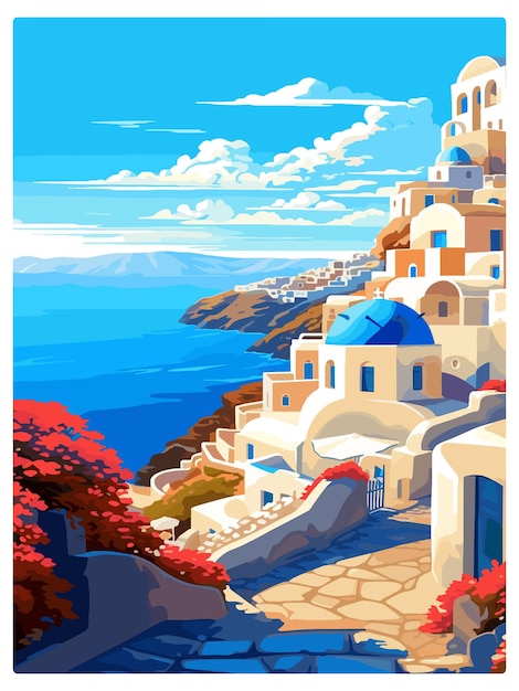 Santorini Grecia Cartel postal de recuerdo Cartel de recuerdo Pintura de retrato Ilustración WPA