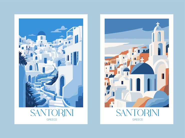 Vector santorini grecia conjunto de banderas vectoriales arquitectura tradicional griega viajes y visitas turísticas