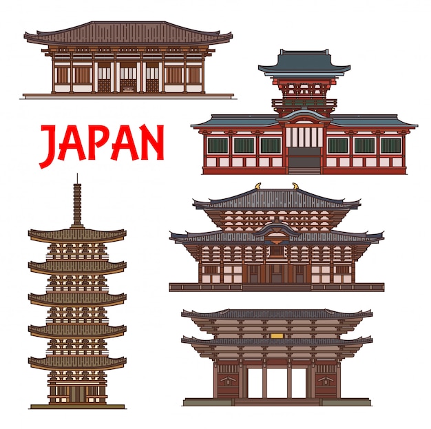 Vector santuarios del templo japonés, torres de la pagoda de japón, nara