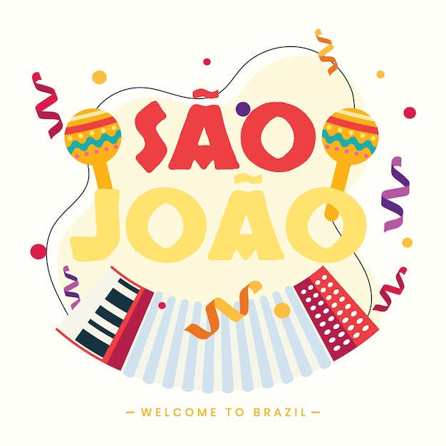 Sao joao brasil festa junina junio festival cultural con instrumento musical acordeón maraca vector