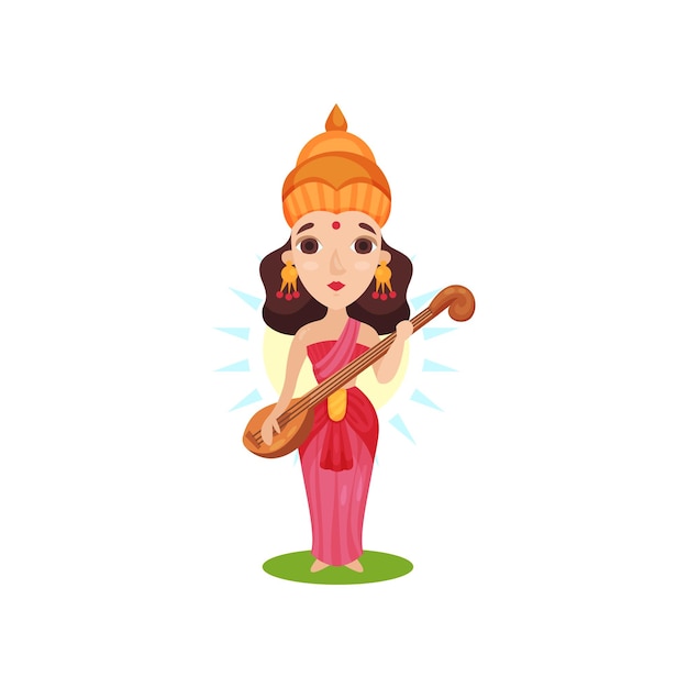 Vector saraswati diosa india del conocimiento, las artes, la música, la sabiduría y el aprendizaje.