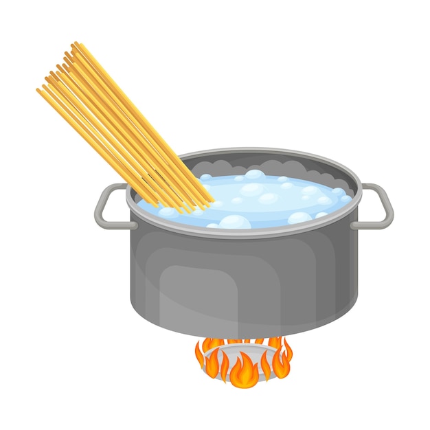 Una sartén con agua hirviendo en el horno para cocinar la pasta Ilustración vectorial de Carbonara