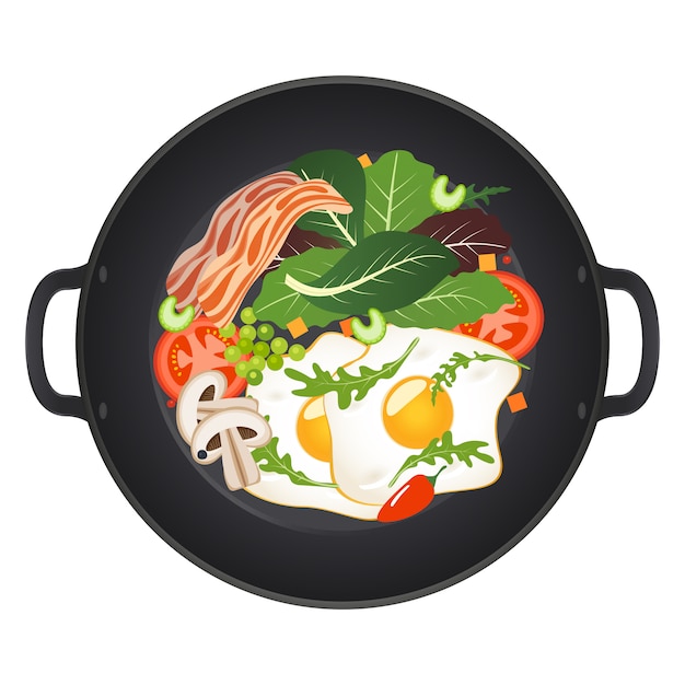 Sartén caliente con huevos fritos, tocino, champiñones, tomates y lechuga, vista superior. Ilustración aislada