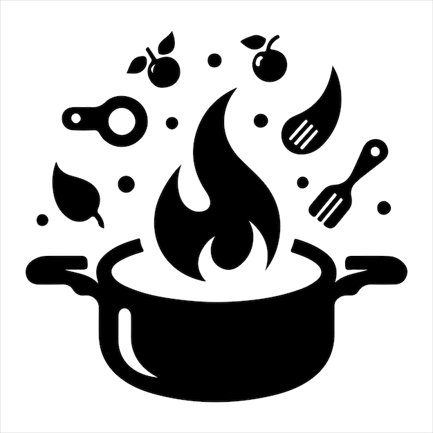 una sartén con elementos de comida voladores y llamas todo en una silueta vectorial de diseño elegante y simple
