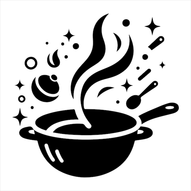 una sartén con elementos de comida voladores y llamas todo en una silueta vectorial de diseño elegante y simple