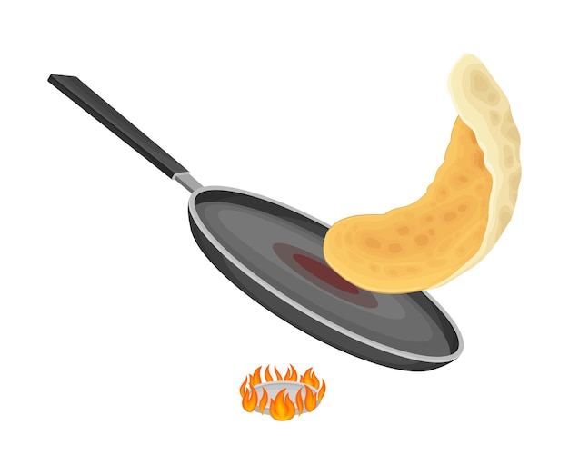 sartén en el horno con panqueque dorado cocinando en él Ilustración vectorial