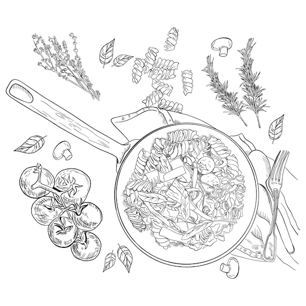 sartén con pasta y verduras pasta italiana con elementos adicionales comida vectorial dibujada a mano