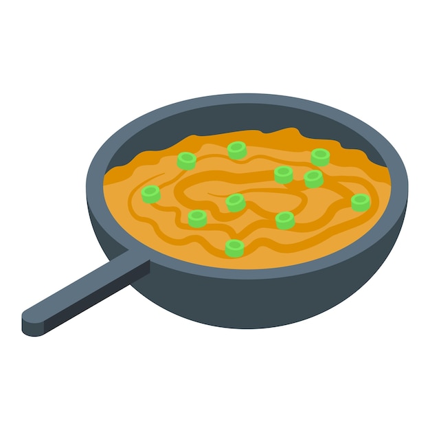 Una sartén que contiene una deliciosa sopa con guisantes verdes icono isométrico