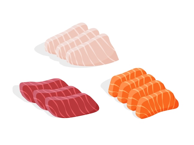 Sashimi japonés de atún, salmón y hirame. Pescado crudo en rodajas. Comida asiática tradicional. Vector.