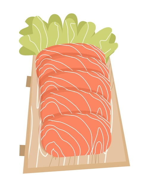 Sashimi japonés de salmón fresco noruego con lechuga en una tabla de madera Ilustración vectorial de dibujos animados