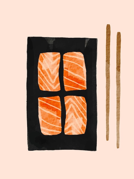 Sashimi de salmón acuarela con palillos en placa de piedra negra. Vista superior. Comida asiática saludable. Vector