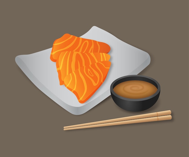 sashimi de salmón con ilustración de salsa shoyu