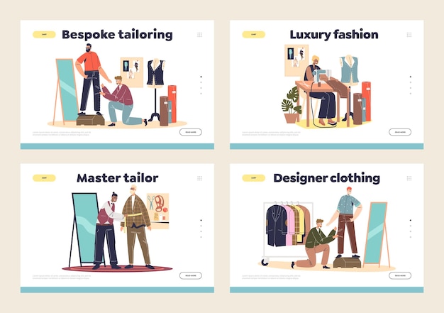 Sastres alcantarillas modistas y costureras en el concepto de trabajo de página de inicio con personas diseñadoras de moda creando ropa con clientes o cosiendo en máquina de coser Ilustración de vector plano de dibujos animados