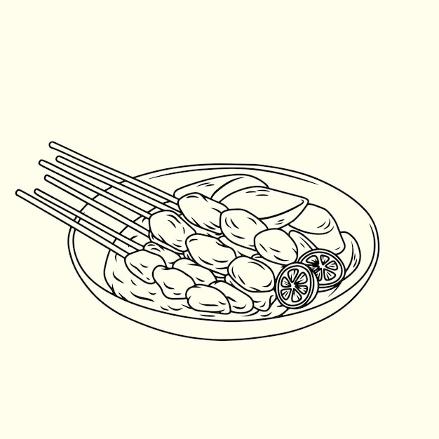Satay de pollo con salsa de maní y lontong Ilustración de línea delgada