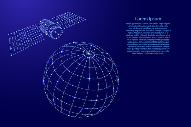 Vector el satélite artificial vuela sobre el globo desde líneas azules poligonales futuristas y estrellas brillantes.