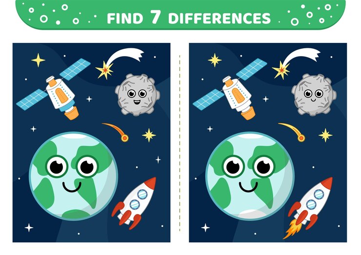 Vector satélite de cohete de la tierra a la luna encuentra 7 diferencias juego espacial vector de dibujos animados plano