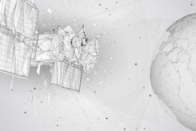 Satélite de comunicación de fondo vectorial 3d en una explosión de partículas caóticas abstractas de estilo triangular volumétrico