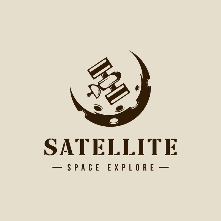 Vector satélite en el espacio exterior emblema logotipo ilustración vectorial plantilla icono diseño gráfico aeroespacial