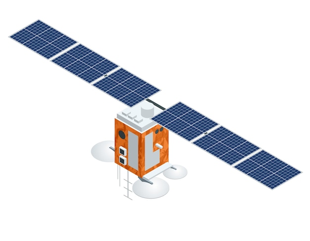 Satélite GPS. Ilustración isométrica de vector plano. Tecnología satelital inalámbrica. Red mundial mundial. utilizado para diseño de flujo de trabajo, juegos, diagramas, opciones de números, diseño web e infografías