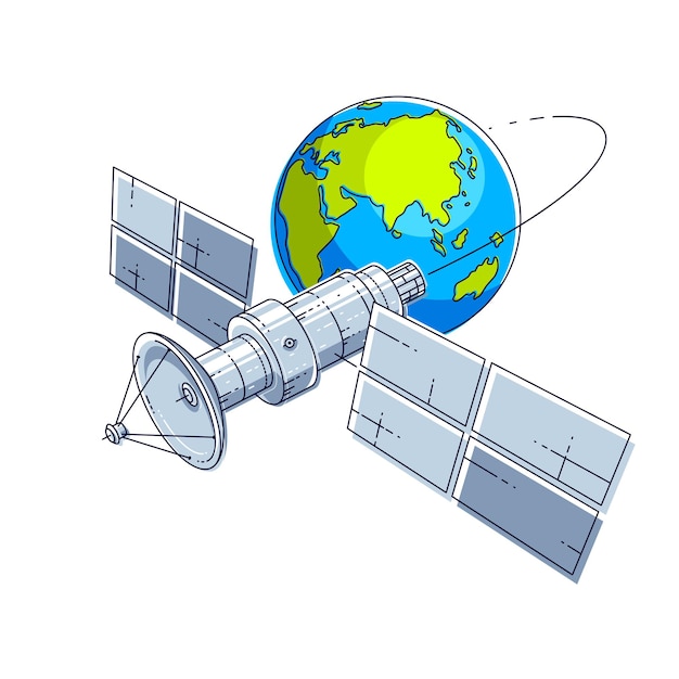 Satélite en órbita alrededor de la tierra, vuelo espacial, estación espacial de comunicación con paneles solares y placa de antena satelital. ilustración de vector 3d de línea delgada.