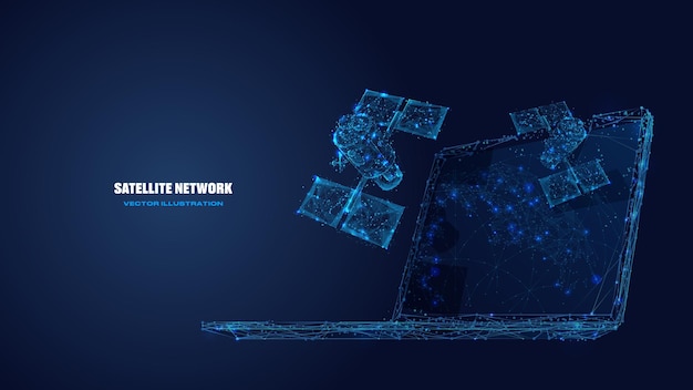 Satélites 3d y tecnología de red de satélites de estructura alámbrica de baja poli digital portátil