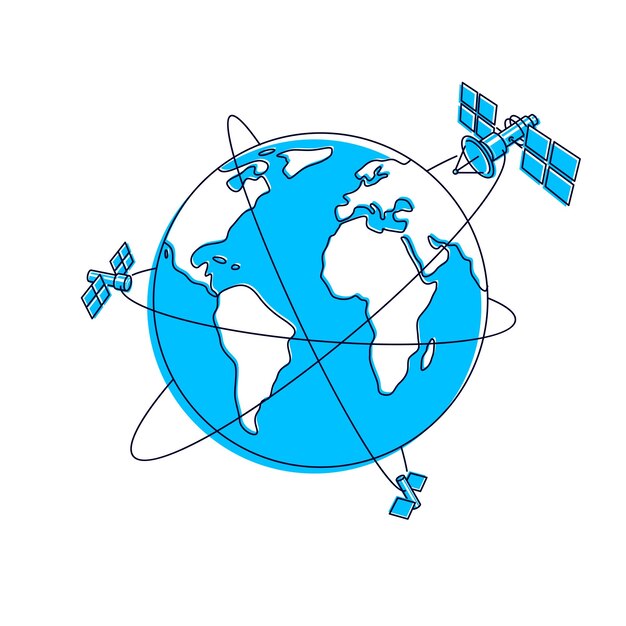 Satélites que vuelan en vuelo orbital alrededor de la tierra, estaciones espaciales de naves espaciales de tecnología de comunicación con paneles solares y placa de antena satelital. ilustración de vector 3d de línea delgada.