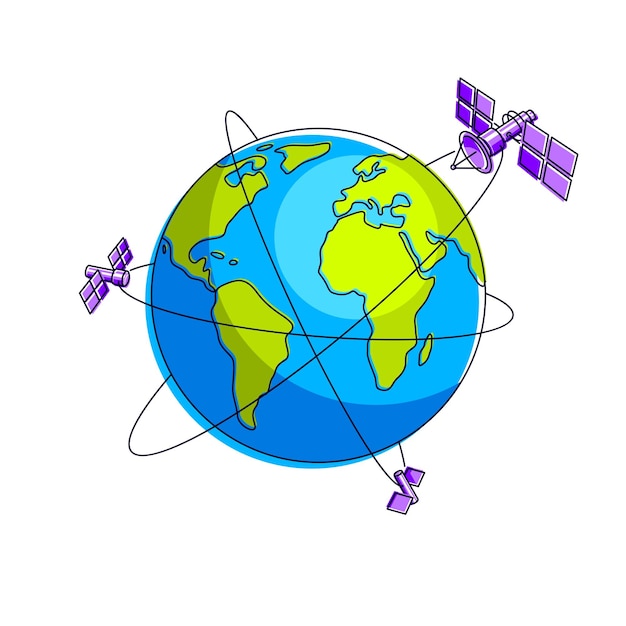 Satélites de tecnología de comunicación global que vuelan vuelos espaciales orbitales alrededor de la tierra, estaciones espaciales de naves espaciales con paneles solares y placa de antena satelital. Ilustración de vector 3d de línea delgada.