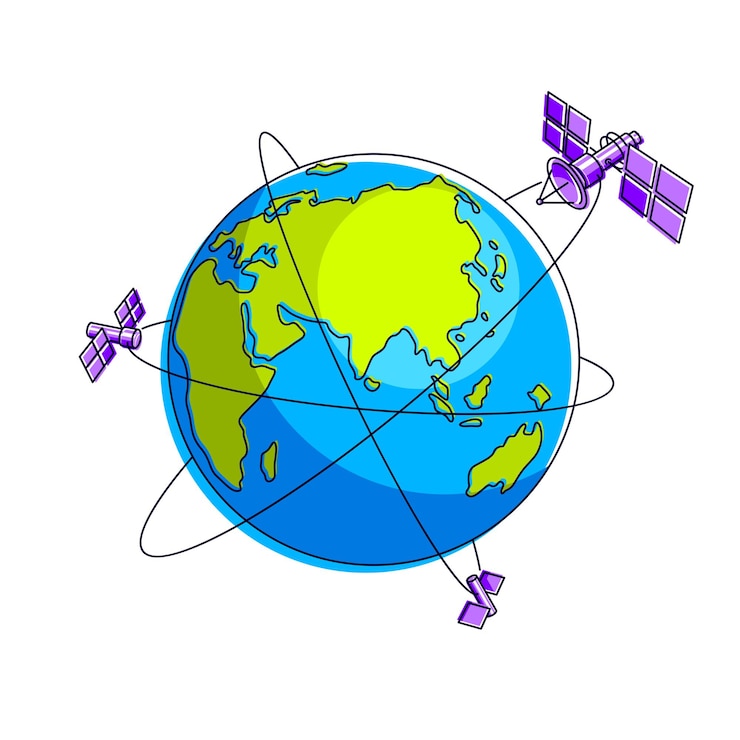 Vector satélites de tecnología de comunicación global que vuelan vuelos espaciales orbitales alrededor de la tierra, estaciones espaciales de naves espaciales con paneles solares y placa de antena satelital. ilustración de vector 3d de línea delgada.