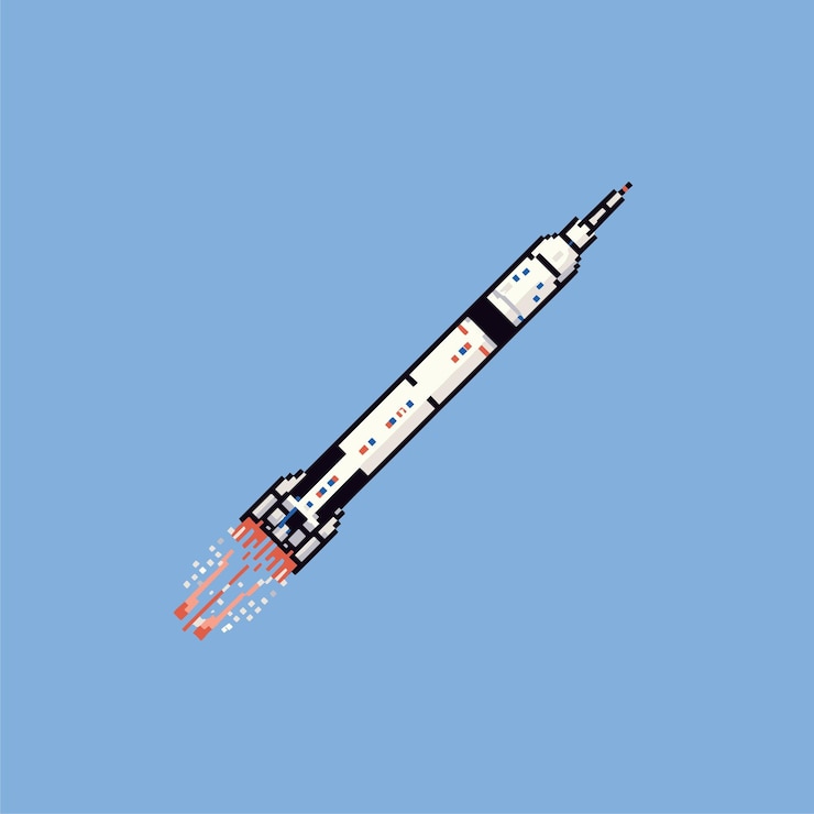Vector saturno v cohete en ilustración vectorial estilo pixel arti juego de 8 bits retro gameboy