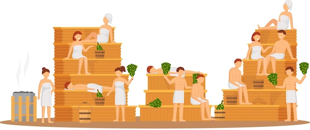 Sauna y baño de vapor Conjunto de personas en la sauna La gente se relaja y se vaporiza con escobas de abedul en una estufa rusa tradicional para baños finlandeses femeninos y masculinos Sauna pública Amigos en un balneario