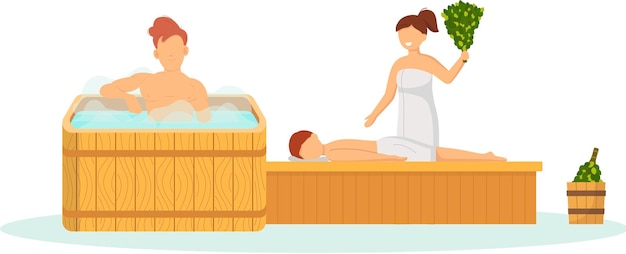 Sauna y baño de vapor Conjunto de personas en la sauna La gente se relaja y se vaporiza con escobas de abedul en una estufa rusa tradicional para baños finlandeses femeninos y masculinos Sauna pública Amigos en un balneario