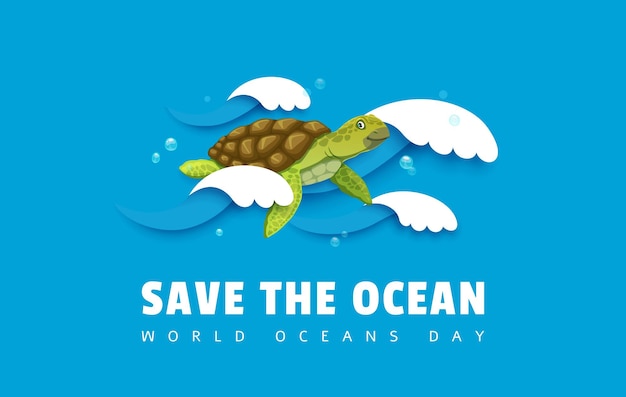 Vector save the ocean cartel dibujos animados tortuga marina corte de papel