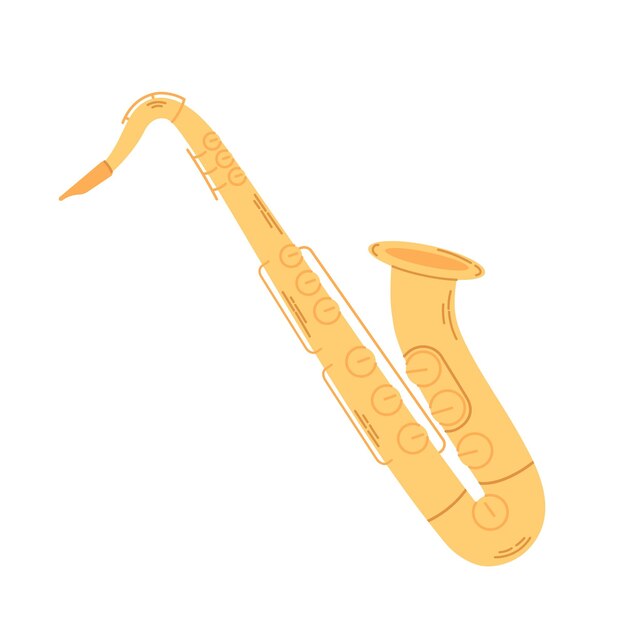 Saxofón de color dorado aislado sobre fondo blanco Instrumento musical de viento orquestal Ilustración de dibujos animados vectoriales