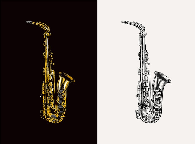 Saxofón de jazz en monocromo grabado estilo vintage boceto de trompeta dibujada a mano para blues y ragtime